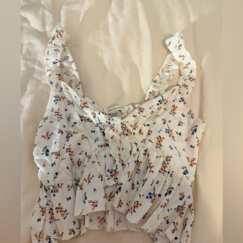 Hollister Floral Ruffle Blouse - White and Blue